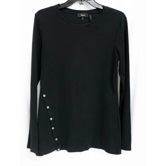 Theory Button Front Mother of Pearl Long Sleeve RIbbed Black Tee Shirt L - Picture 2 of 9